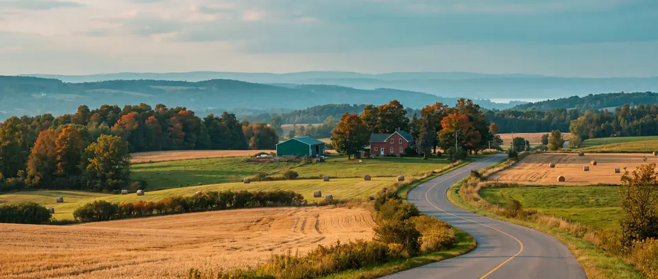 Rolling farmland, a red brick farmhouse and a country road at golden hour in late September