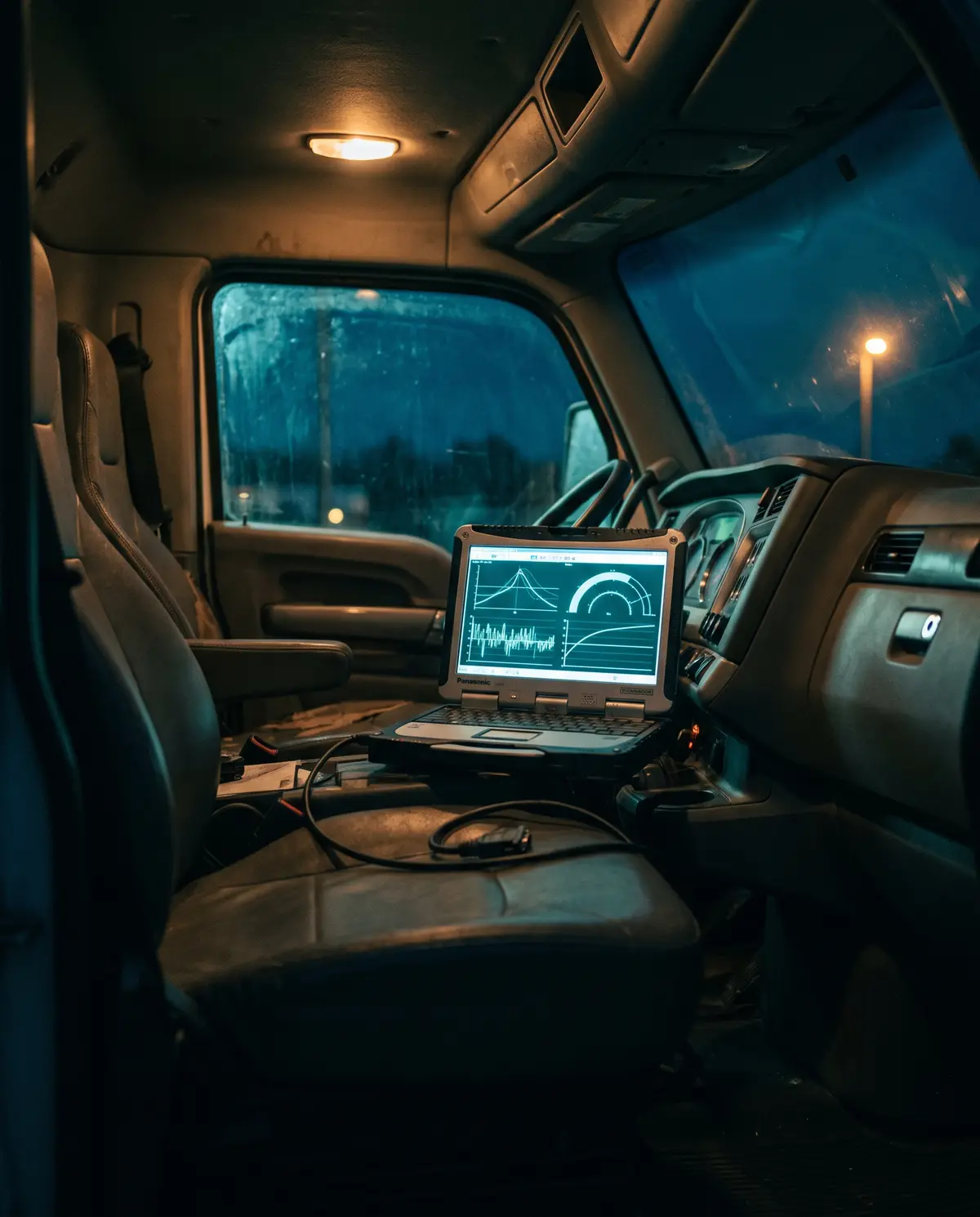 A rugged laptop connected to a heavy truck's diagnostic port at night