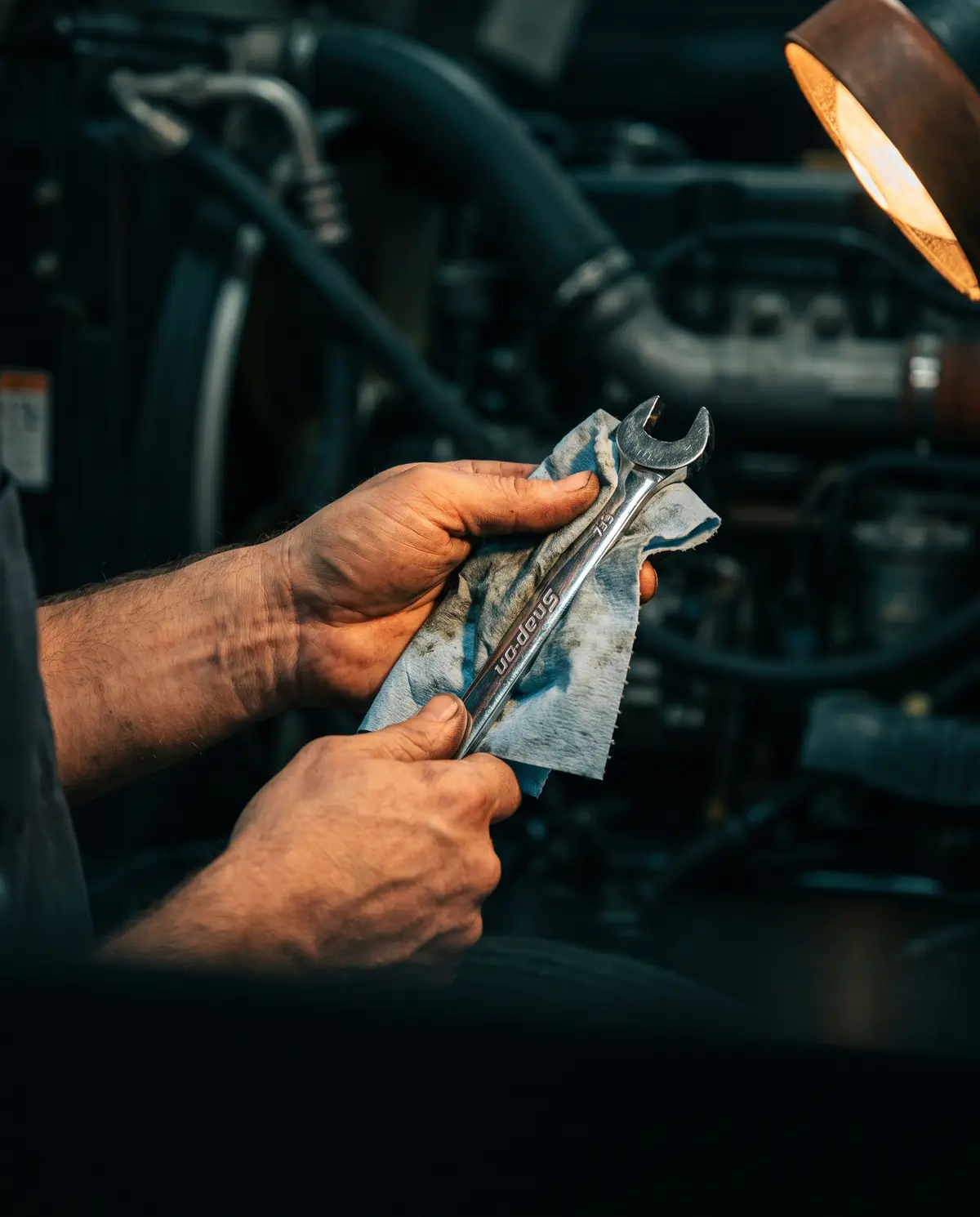 A mechanic's hands wiping a combination wrench under a work light