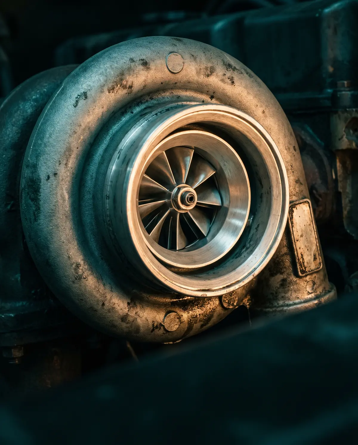 The compressor wheel of a diesel turbocharger catching the light of a work lamp