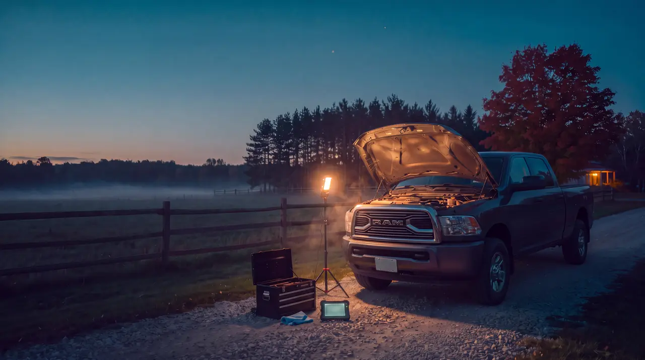A Ram 2500 with its hood open under a work light on a gravel farm lane at dusk, tools set out beside it