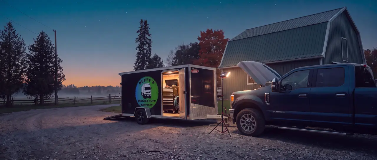 Dusty's mobile service trailer at dusk beside a barn, its side door open and lit, next to a pickup with its hood up under a work light