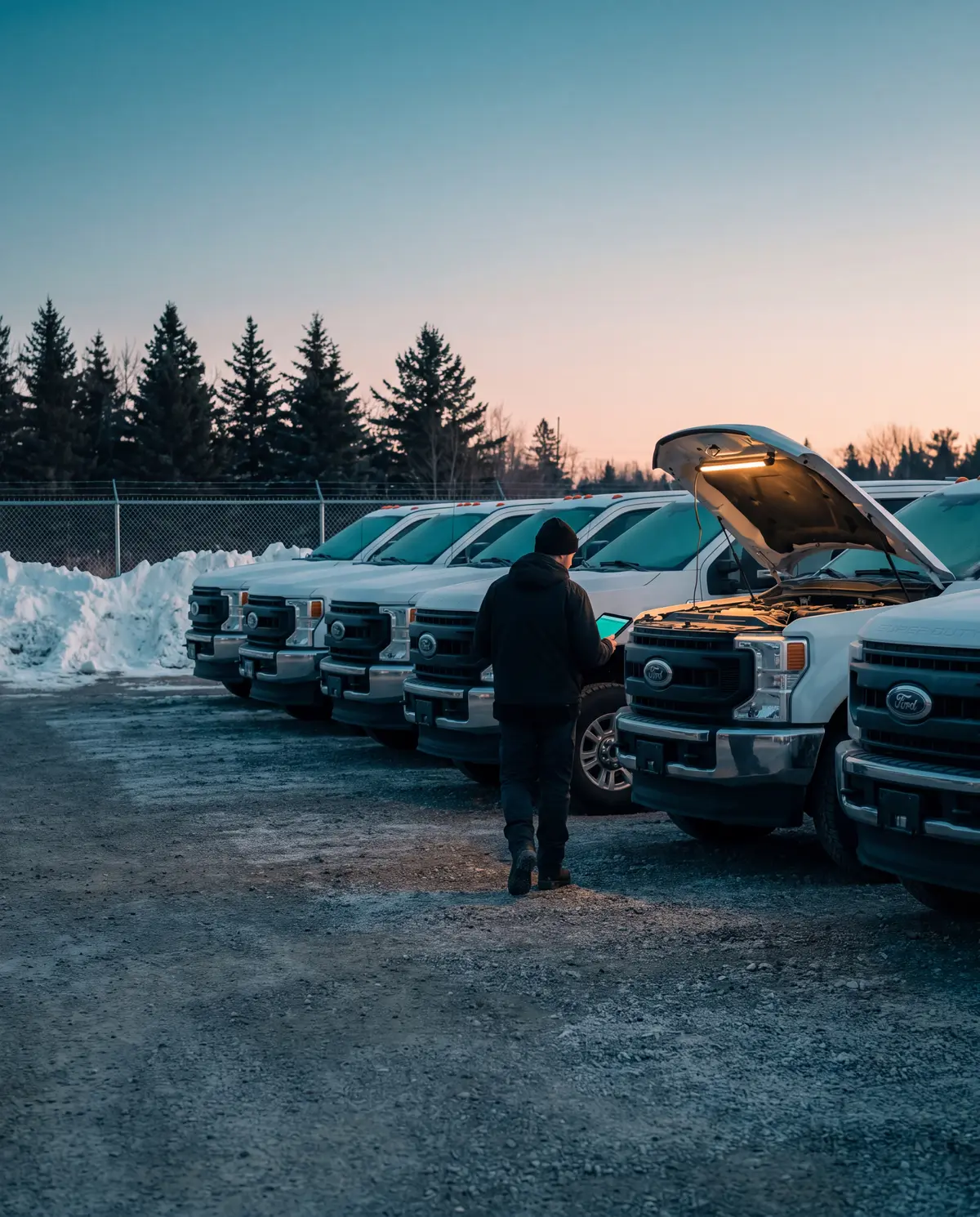 A mechanic with a tablet walking a row of white Ford F-250 fleet trucks in a snowy yard at dawn