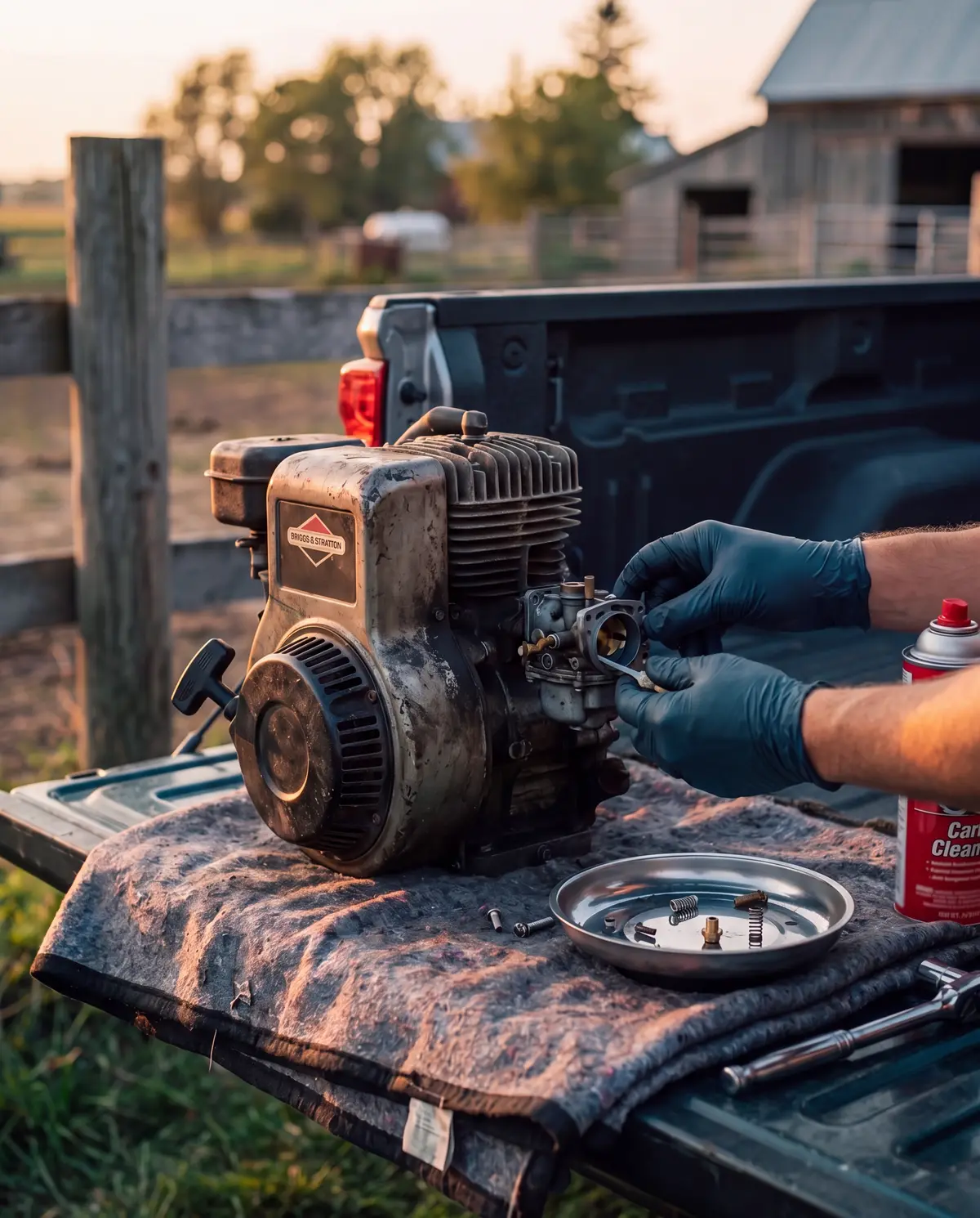 Gloved hands cleaning the carburetor of a Briggs and Stratton engine on the tailgate of our grey Silverado at golden hour