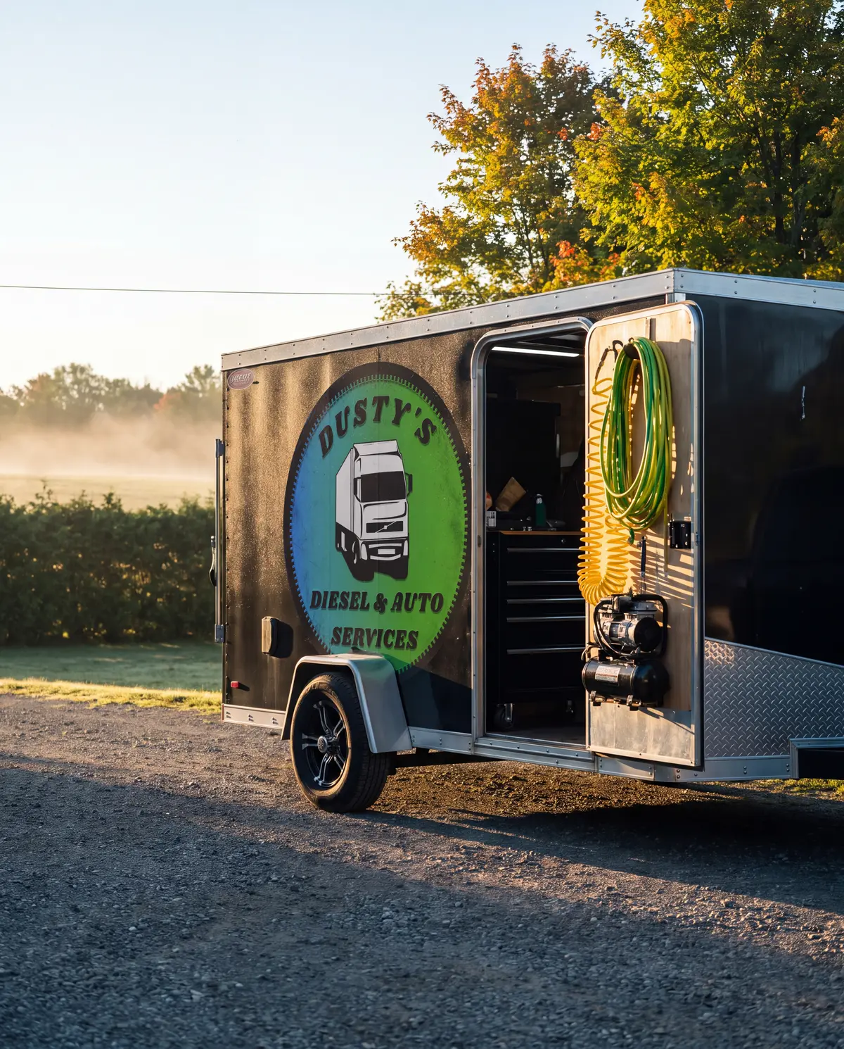 Dusty's service trailer at sunrise with its side door open, tools and air hoses inside